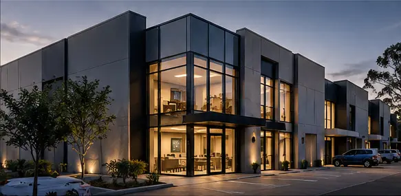 Modern commercial premises with warm-lit offices and warehouse access